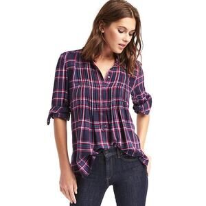 GAP Plaid pintuck popover purple skater grunge peasant S relaxed fit career EUC